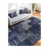 RealHomes Mavi Zeminde Patchwork Motifli Retro Desenli Klasik Vintage Salon & Oturma Odası Saçaklı Halı HaliDik-Deluxe-11167, 80 x 100