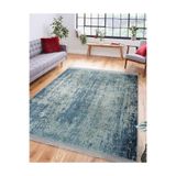 RealHomes Mavi Zeminde Sulu Boya Motifli Duvar Desenli Eskitme Motifli Vintage Salon Kaymaz Taban Saçaklı Halı HaliDik-Deluxe-11018, 100 x 120