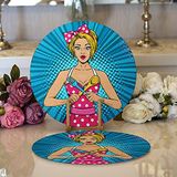 RealHomes Mavi Zemini Popart Girl Desenli Modern 2 1 Yuvarlak Servis Altlığı Supla