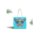 RealHomes Mavi Zeminli Gözlüklü Cool Leopar Desenli Modern Fermuarlı Kumaş Çanta, Canta-5738