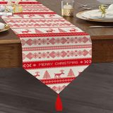Realhomes Merry Christmas Kanaviçe Görünümlü Geyikler Baskılı Özel Tasarım Püsküllü Şönil Üçgen Runner