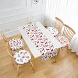 RealHomes Mery Christmas Geyik Desenli 4 Yuvarlak Pofidik Sandalye Minderi ve 1 Runner Seti