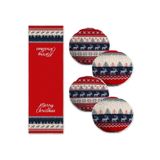 RealHomes Mery Christmas Geyik Motifli 4 Yuvarlak Kırlent Kılıfı Ve 1 Runner Seti