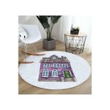 RealHomes Minyatür Mor Ev Çizimli Modern Pembe Çocuk Ve Genç Odası Yıkanabilir Kaymaz Tabanlı Yuvarlak Halı, HaliYuv-Comfort-10116-60cmCap