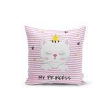 RealHomes My Princess Pembe Çizgiler Üzerinde Taçlı Kedicik Yastık Kılıfı