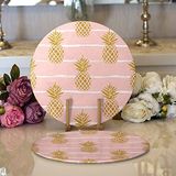 RealHomes Pastel Zemin Üzerinde Gold Renkli Anans Desenli Modern 2'li Yuvarlak Servis Altlığı Supla
