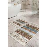 Realhomes Patchwork Geometrik Motifli Krem-Kahverengi 2'Li Kaymaz Taban Yıkanabilir Banyo Paspas Takımı