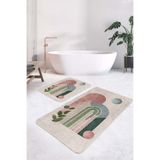 Realhomes Pembe Ve Yeşil Geometrik Modern Desenli 2'Li Kaymaz Taban Yıkanabilir Banyo Paspas Seti
