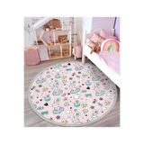 RealHomes Pembe Zemin Bulut Üstünde Kalpli Kedi Çocuk & Genç Odası Kaymaz Taban Püsküllü Yuvarlak Çocuk Halısı HaliYuv-Deluxe-1091pembe, 100 x 100