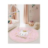 RealHomes Pembe Zemin Taçlı Kedi Princess Temalı Çocuk Odası Kaymaz Tabanlı Püsküllü Yuvarlak Çocuk Halısı HaliYuv-Deluxe-2458p, 80 x 80