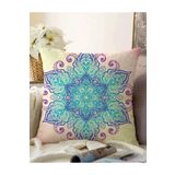 RealHomes Pembe Zeminde Mavi Mandala Çizimli Modern Çift Taraflı Raşel Örme Yastık Kılıfı, Sonil-K-5121-55x55cm