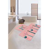 Realhomes Pembe Zeminde Turkuaz Ve Mercan Renkli Geometrik Çiçek Desenli 2'Li Banyo Paspas Takımı