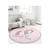 RealHomes Pembe Zeminde Unicorn Motifli Çocuk Odası Yıkanabilir Kaymaz Tabanlı Püsküllü Yuvarlak Çocuk Halısı HaliYuv-Deluxe-4322, 100 x 100