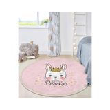 RealHomes Pembe Zeminli Little Princess Desenli Çocuk & Genç Odası Kaymaz Taban Püsküllü Yuvarlak Çocuk Halısı HaliYuv-Deluxe-2150, 150 x 150