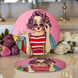 RealHomes Pembe Zeminli Popart Desenli Modern 2 1 Yuvarlak Servis Altlığı Supla