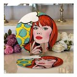 RealHomes Pop Art Resimli Dijital Baskılı Modern 2 1 Yuvarlak Servis Altlığı Supla