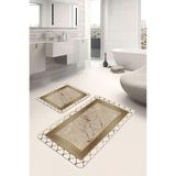 RealHomes Real Homes 2'li Set Altın - Bej Zeminde Mermer Motifli Çerçeve Geometrik Avangarde 2'li Banyo Paspas Takımı