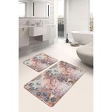 RealHomes Real Homes 2'li Set Altın - Pembe Zeminde Mozaik Motifli Mermer Geometrik Modern 2'li Banyo Paspas Takımı