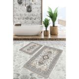 RealHomes Real Homes 2'li Set Bej Zeminde Hereke Motifli Kilim Desenli Vintage Klasik 2'li Banyo & Mutfak Paspas Takımı