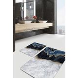 RealHomes Real Homes 2'li Set Gold - Gri Zeminde Kanvas Motifli Mermer Desenli Sade & Şık Klasik 2'li Banyo Paspas Takımı