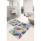 RealHomes Real Homes 2'li Set Gri Zeminde Sulu Boya Motifli Geometrik Geometrik Sade & Şık 2'li Banyo Paspas Takımı
