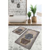 RealHomes Real Homes 2'li Set Kahverengi Zeminde Altıgen Motifli Geometrik Geometrik Klasik 2'li Banyo Paspas Takımı