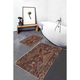 RealHomes Real Homes 2'li Set Kahverengi Zeminde Antik Motifli Uşak Etnik Motifler Vintage 2'li Banyo Paspas Takımı