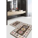 RealHomes Real Homes 2'li Set Kahverengi Zeminde Etnik Motifli Kilim Desenli Avangarde Vintage 2'li Banyo Paspas Takımı