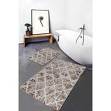 RealHomes Real Homes 2'li Set Kahverengi Zeminde Morrocan Motifli Eskitme Geometrik Klasik 2'li Banyo Paspas Takımı