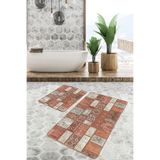 RealHomes Real Homes 2'li Set Kahverengi Zeminde Patchwork Motifli Geleneksel Vintage Vintage 2'li Banyo Paspas Takımı