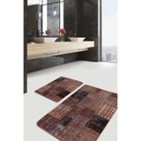 RealHomes Real Homes 2li Set Kahverengi Zeminde Patchwork Motifli Yöresel Desenli Vintage Klasik 2'li Banyo Paspas Takımı