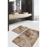 RealHomes Real Homes 2'li Set Kahverengi Zeminde Retro Motifli Yaprak Vintage Eskitme Motifli 2'li Banyo Paspas Takımı
