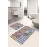 RealHomes Real Homes 2'li Set Krem Zeminde Geometrik Motifli Boya Desenli Klasik Vintage 2'li Banyo Mutfak Paspas Takımı