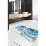 RealHomes Real Homes 2'li Set Mavi Gold Zeminde Kanvas Motifli Mermer Desenli Modern Sade & Şık 2'li Banyo Paspas Takımı