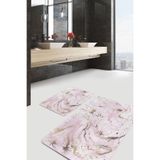 RealHomes Real Homes 2'li Set Pembe Gold Zeminde Altın Motifli Mermer Desenli Modern Sade & Şık 2'li Banyo Paspas Takımı