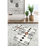 RealHomes Real Homes 2'li Set Siyah - Beyaz Zeminde Geometrik Motifli Kilim Geometrik Vintage 2'li Banyo Paspas Takımı