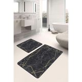 RealHomes Real Homes 2'li Set Siyah - Gold Zeminde Çerçeveli Motifli Mermer Geometrik Klasik 2'li Banyo Paspas Takımı