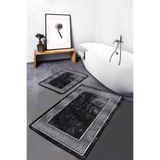 RealHomes Real Homes 2'li Set Siyah Zeminde Çerçeve Motifli Geometrik Eskitme Motifli Klasik 2'li Banyo Paspas Takımı