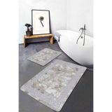RealHomes Real Homes Gri - Krem Zeminde Gri Çerçeve Motifli Eskitme Geometrik Eskitme Motifli 2'li Banyo Paspas Takımı
