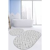 RealHomes Real Homes Gri Mermer Motifli Ebru Desenli Dijital Baskılı 2'li Oval Kaymaz Tabanlı Banyo & Mutfak Paspas Seti