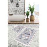 RealHomes Real Homes Gri Zeminde Retro Motifli Dokuma Halı Etnik Motifler Eskitme Motifli 2'li Banyo Mutfak Paspas Takımı