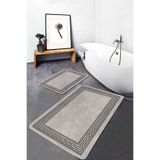 RealHomes Real Homes Kahverengi - Bej Zeminde Çerçeveli Motifli Kilim Avangarde Geometrik 2'li Banyo Mutfak Paspas Takımı