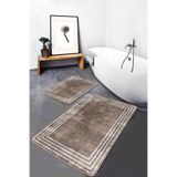 RealHomes Real Homes Kahverengi Beyaz Zeminde Çerçeveli Dokuma Desenli Geometrik Eskitme Motifli 2'li Banyo Paspas Takımı