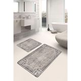 RealHomes Real Homes Kahverengi Beyaz Zeminde Çerçeveli Motifli Antik Desenli Eskitme Motifli 2'li Banyo Paspas Takımı