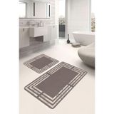 RealHomes Real Homes Kahverengi Beyaz Zeminde Çerçeveli Motifli Mermer Desenli Sade Şık 2'li Banyo & Mutfak Paspas Takımı