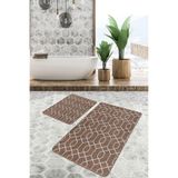 RealHomes Real Homes Kahverengi - Beyaz Zeminde Geometrik Motifli Etnik Geometrik Vintage 2'li Banyo Mutfak Paspas Takımı