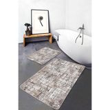 RealHomes Real Homes Kahverengi - Beyaz Zeminde Kareli Motifli Dokuma Eskitme Motifli Vintage 2'li Banyo Paspas Takımı