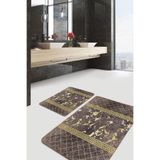 RealHomes Real Homes Kahverengi - Gold Zeminde Mermer Motifli Eskitme Geometrik Klasik 2'li Banyo & Mutfak Paspas Takımı