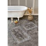 RealHomes Real Homes Kahverengi Gri Zemin Çerçeveli Motif Morrocan Desen Eskitme Motif Geometrik 2'li Banyo Paspas Takımı