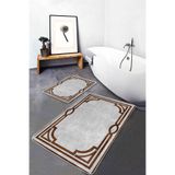 RealHomes Real Homes Kahverengi - Gri Zeminde Çerçeveli Motifli Klasik Desenli Vintage Geometrik 2'li Banyo Paspas Takımı